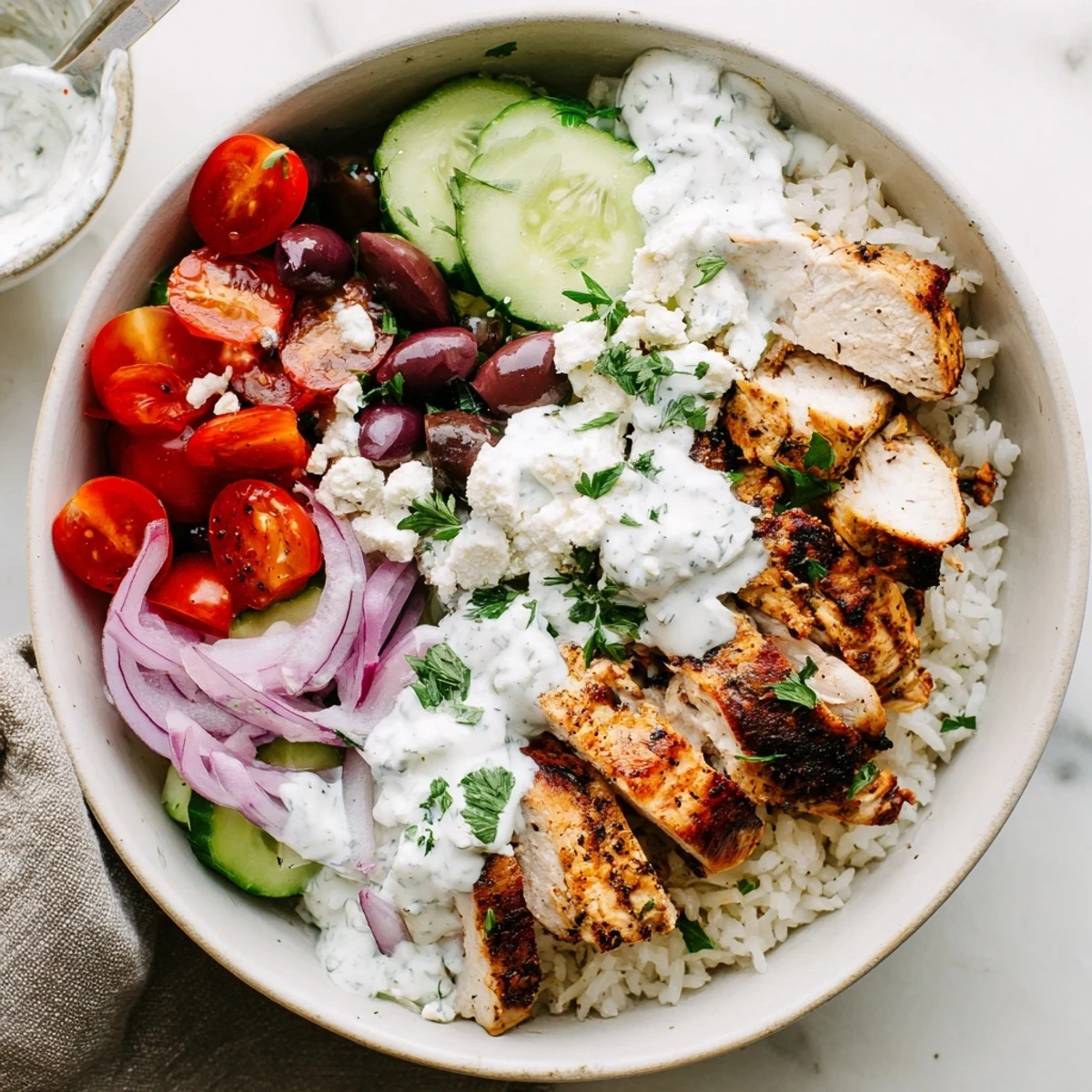 Mediterranean Greek chicken bowls arranged with fresh cucumber, tomatoes, olives, and crumbled feta topping