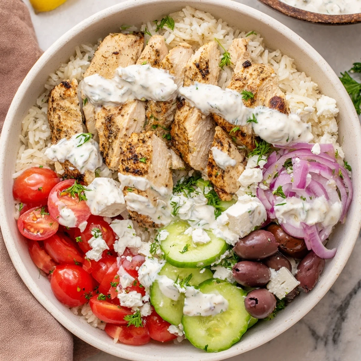 Homemade Greek chicken bowls plated over seasoned rice with tangy yogurt drizzle and herbs