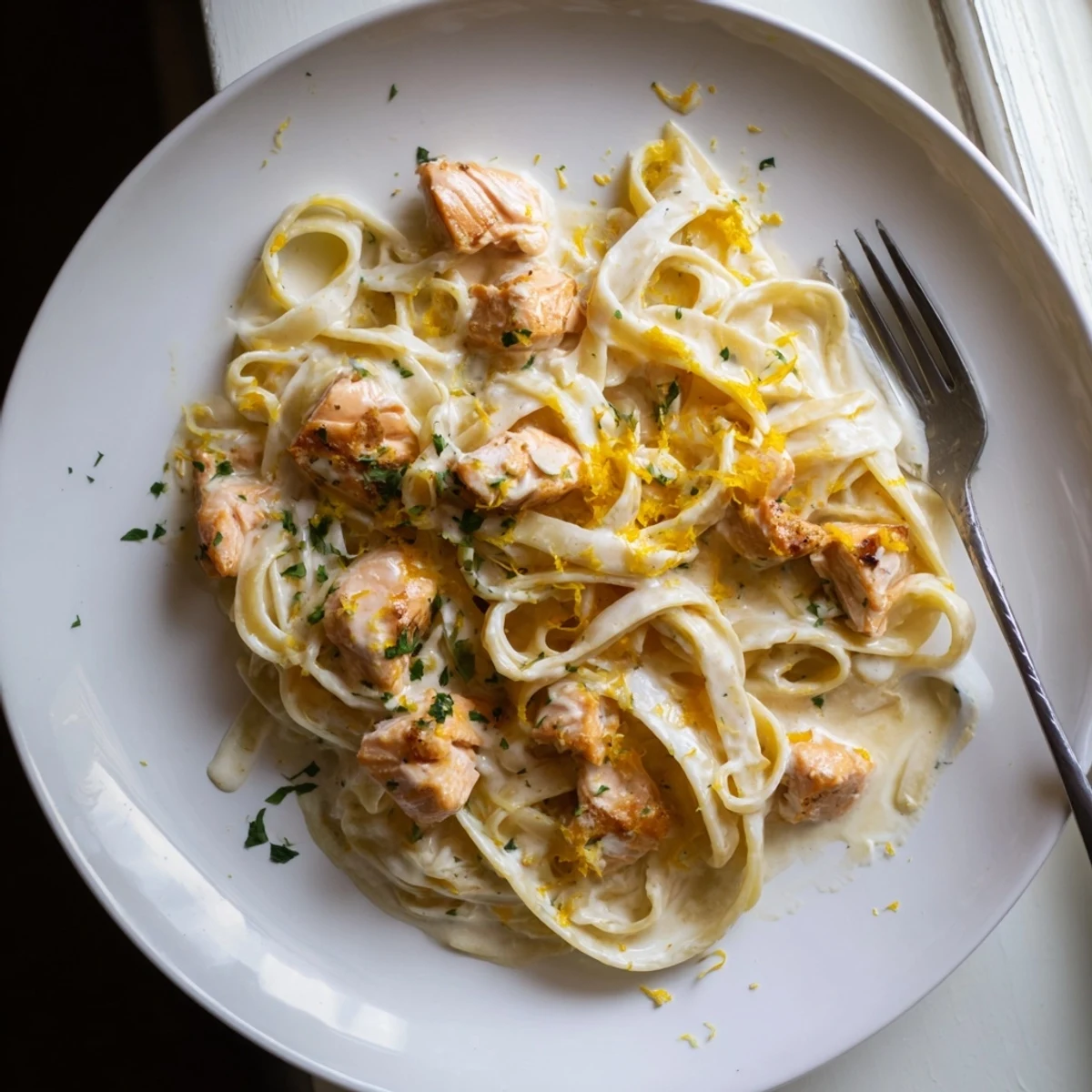 Golden seared salmon flakes rest atop fettuccine noodles coated in velvety garlic butter cream sauce with bright lemon accents