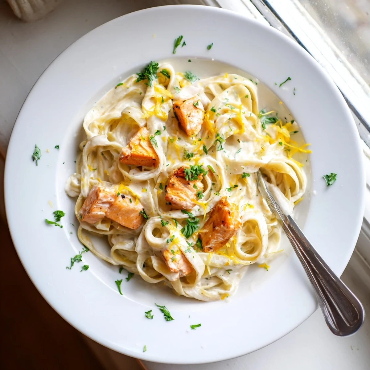 Creamy garlic butter salmon fettuccine plated with flaky fish chunks, parmesan shavings, and fresh parsley garnish on white ceramic