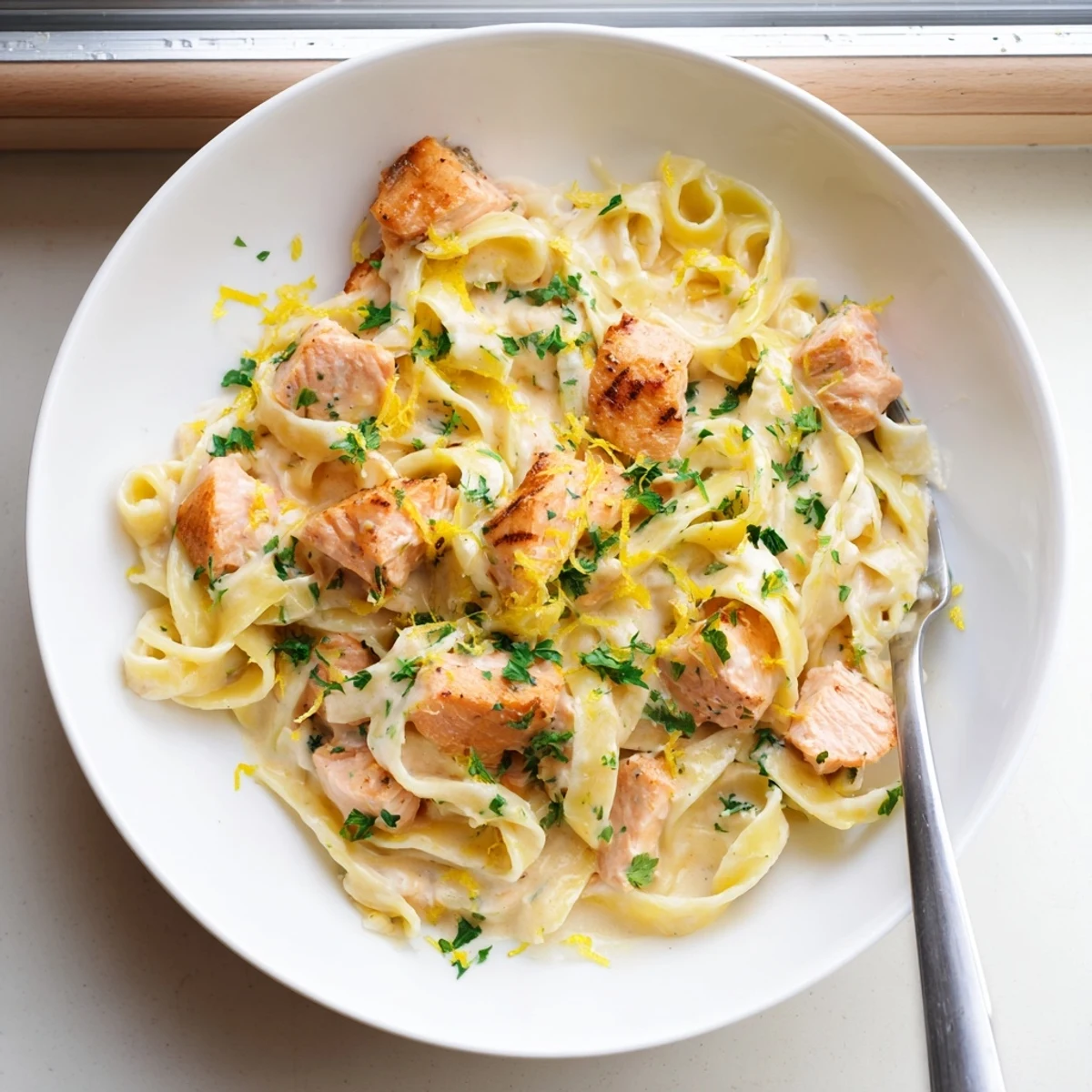 Twirled pasta strands draped in rich garlic cream sauce topped with tender seared salmon pieces and zesty lemon zest sprinkle