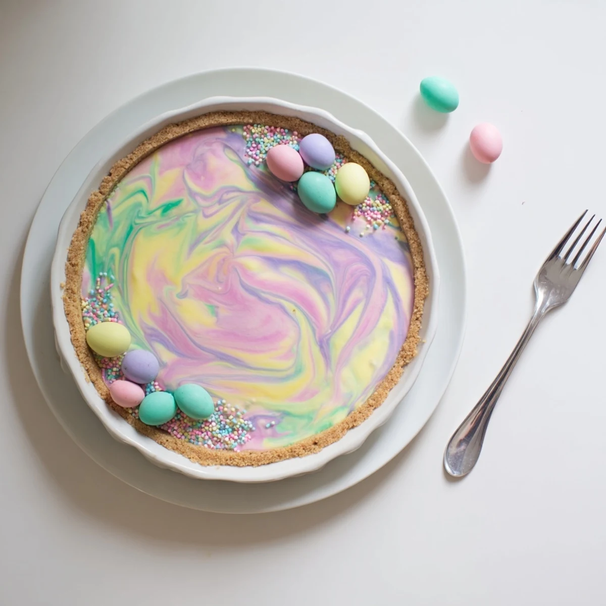 Easter Swirl Pie featuring pastel marbled cream cheese filling in a golden cookie crust