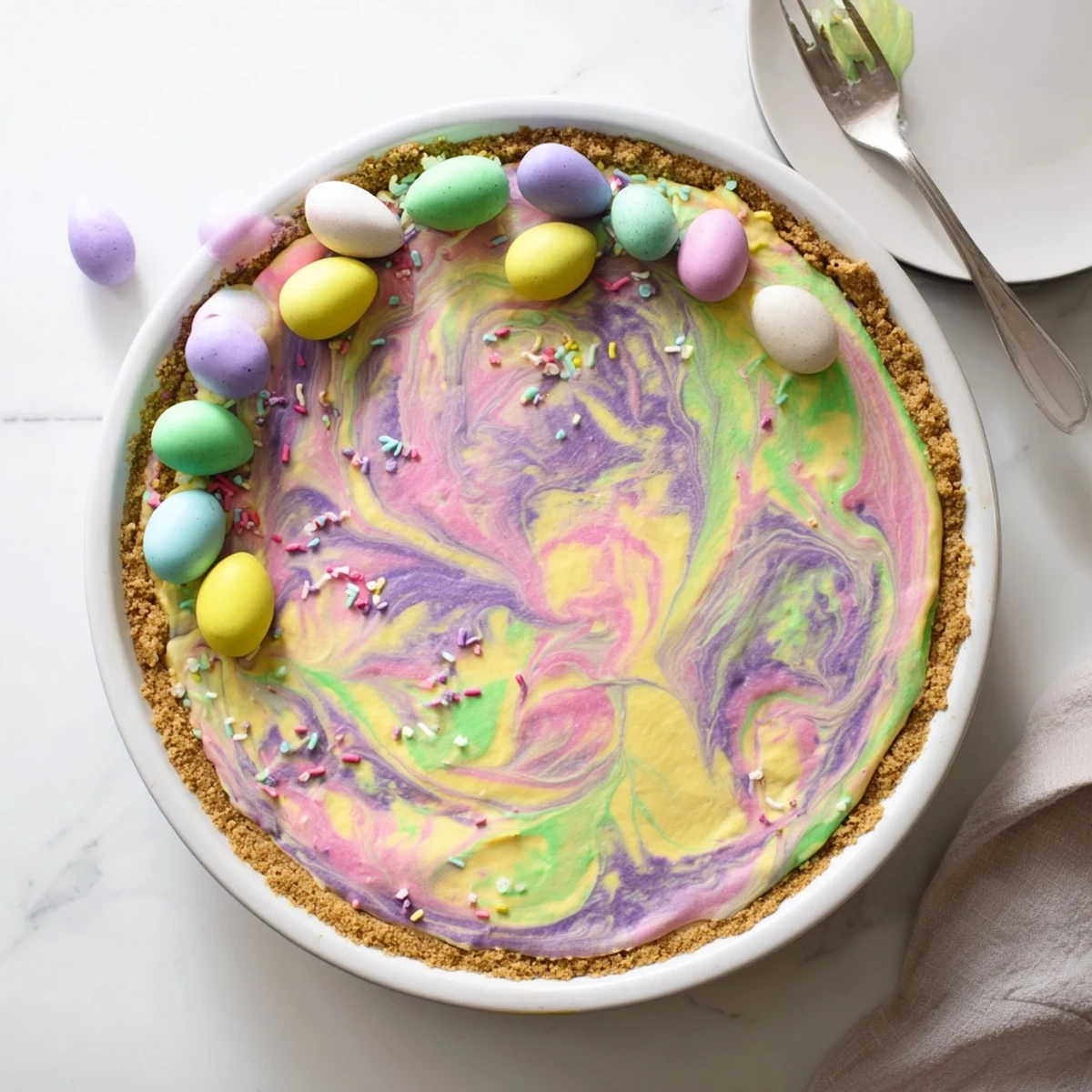 Sliced Easter Swirl Pie showing creamy vanilla texture with colorful pastel swirls throughout