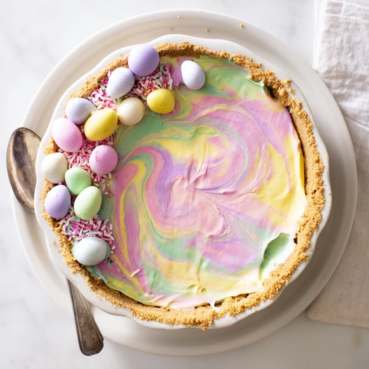 Festive Easter Swirl Pie topped with pastel sprinkles on a white serving plate