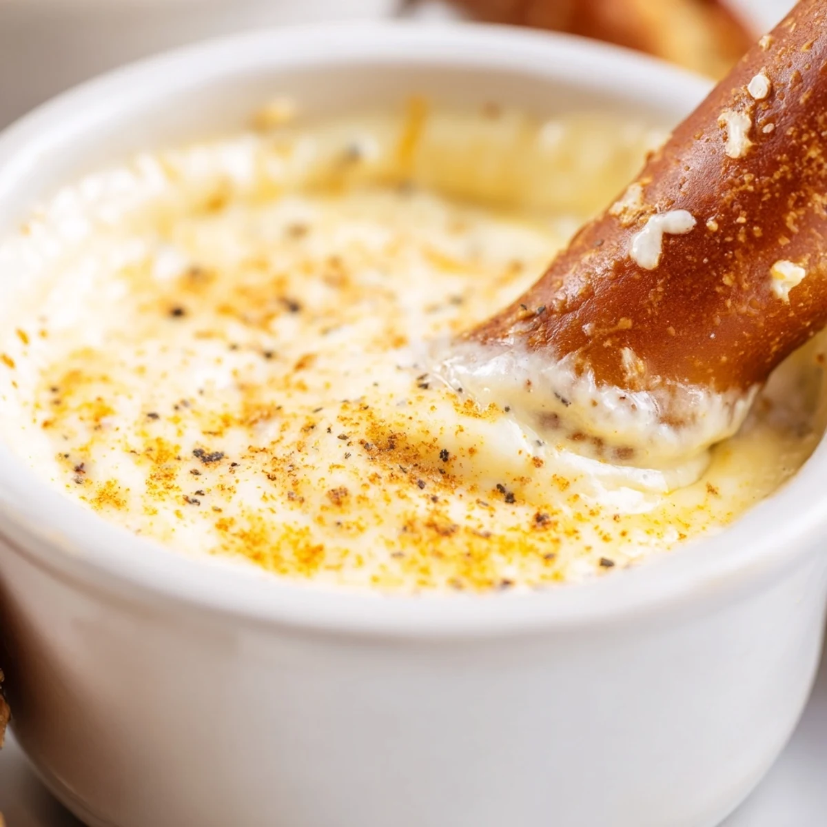 Golden cheese dip for pretzels served in a white bowl with soft salted bread