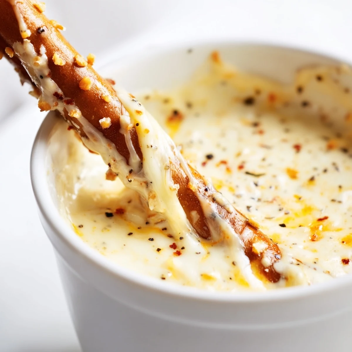 Creamy cheddar cheese dip for pretzels drizzled over golden twisted pretzel snacks on wooden board