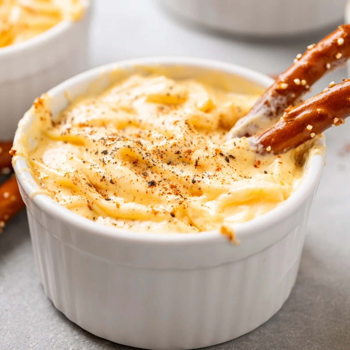 Warm melted cheese dip for pretzels with shredded cheese topping and dipping pretzel rods