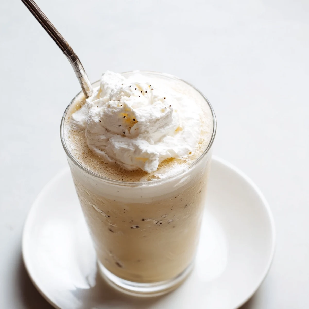 Homemade vanilla bean frappuccino blended with ice and milk for a refreshing summer treat