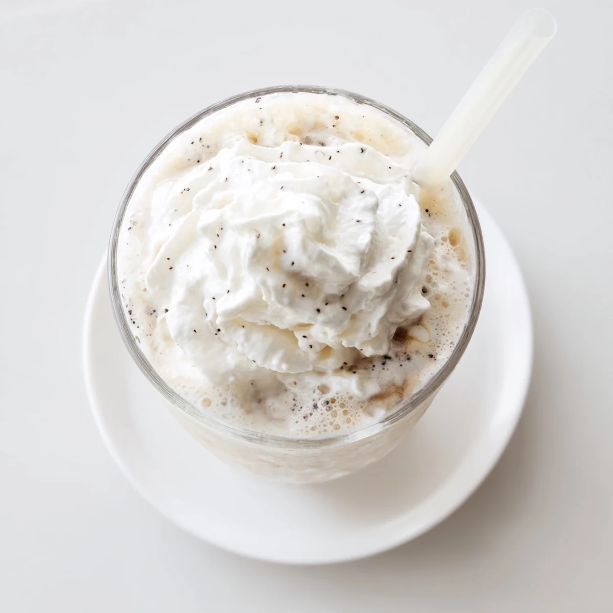 Glasses of vanilla bean frappuccino garnished with white chocolate shavings and whipped cream topping