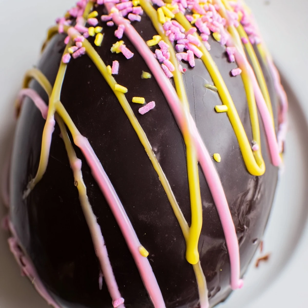 Hand shaped Cool Whip Easter Eggs decorated with pink yellow and blue candy melts