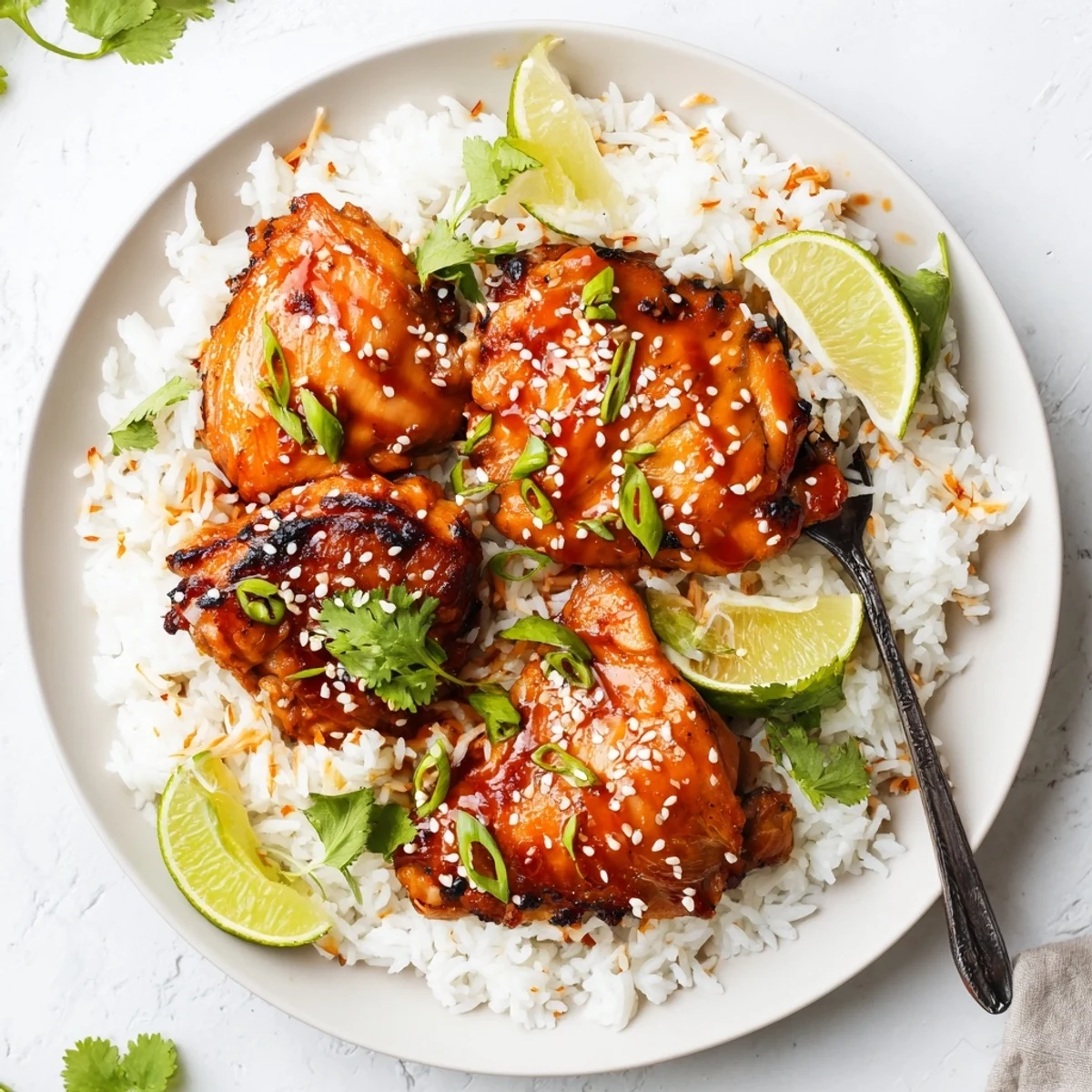 Golden glazed chicken thighs coated in spicy maple sauce atop fluffy white coconut rice