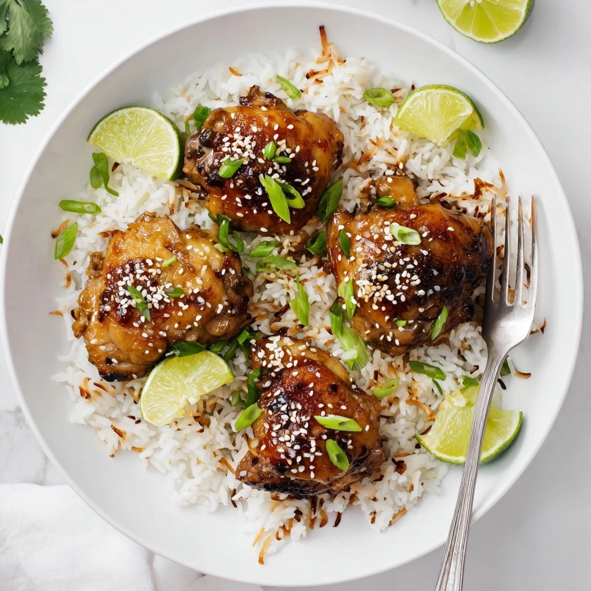 Tender spicy maple chicken plated over creamy coconut rice with sesame seed and green onion garnish