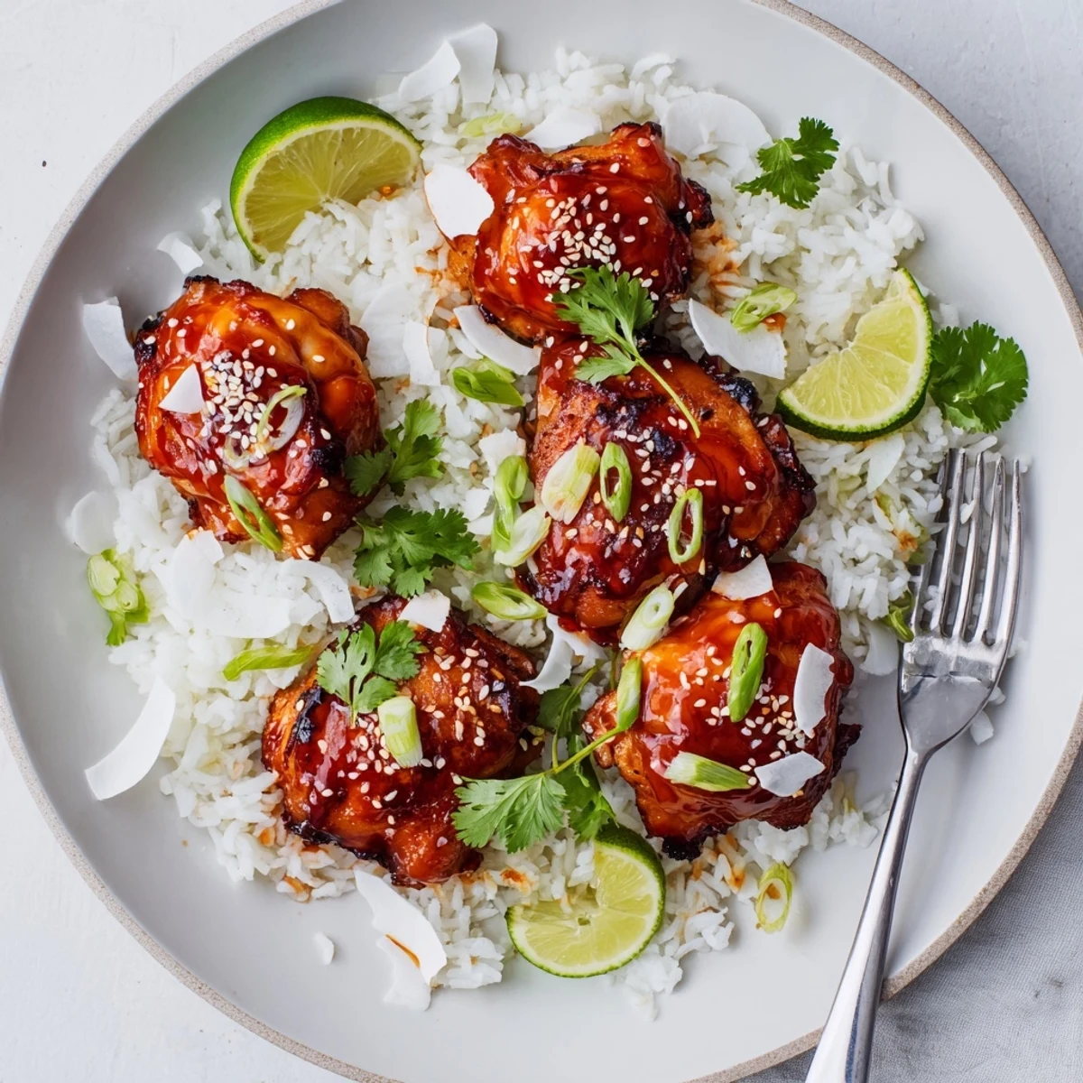 Caramelized chicken pieces drizzled with sweet spicy maple glaze served beside fragrant coconut rice