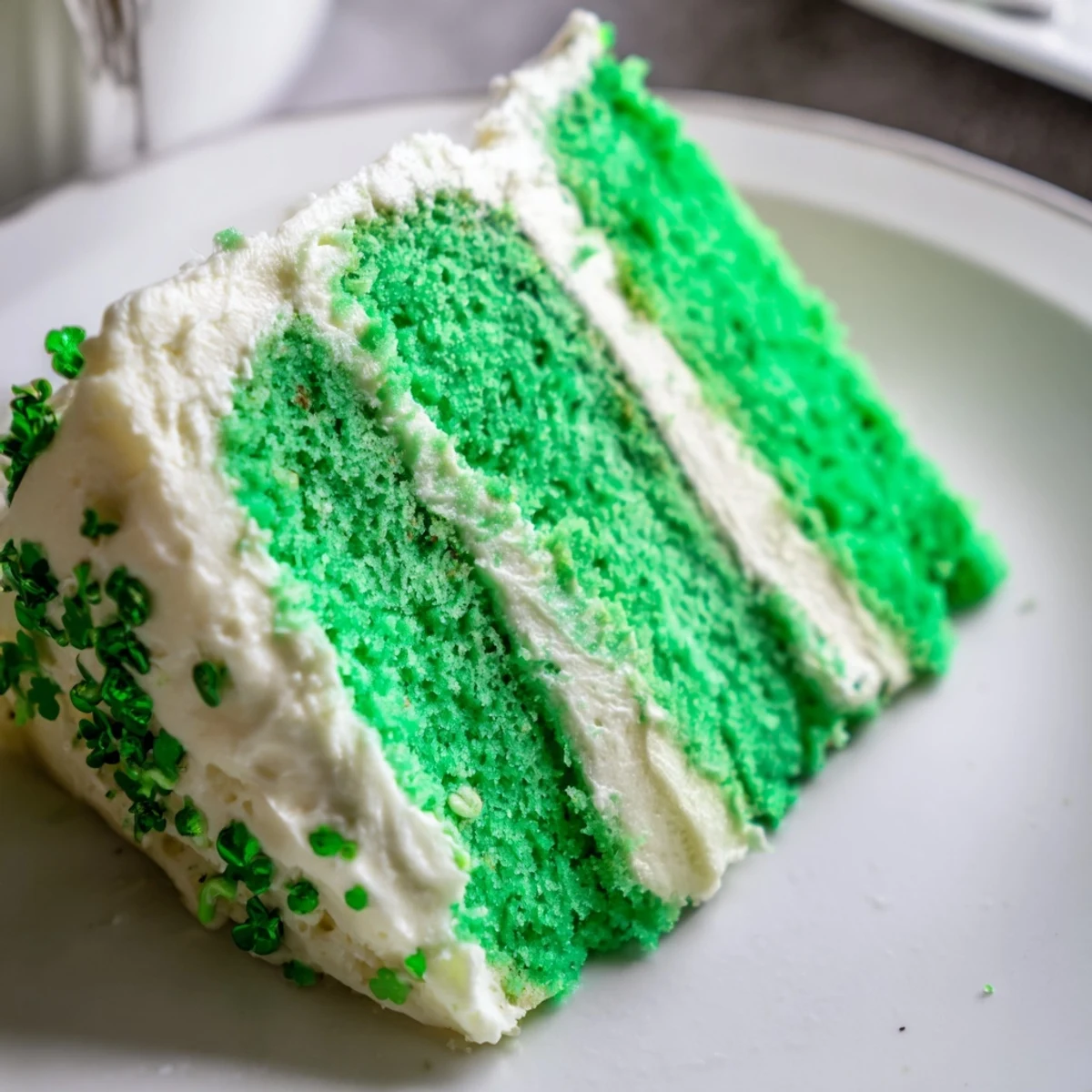 Three-layer green St. Patricks Day cake stacked with fluffy buttercream and garnished with festive shamrock sprinkles