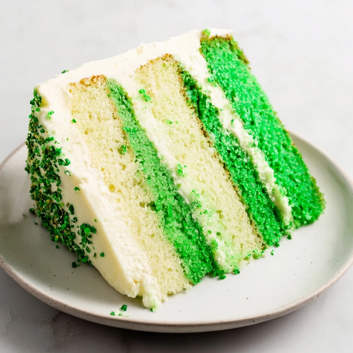 Festive St. Patricks Day cake with bright green layers and creamy white vanilla frosting swirled on top