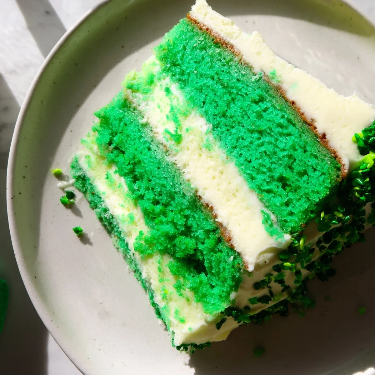 Homemade St. Patricks Day cake sliced to reveal moist green sponge and thick frosting between each layer