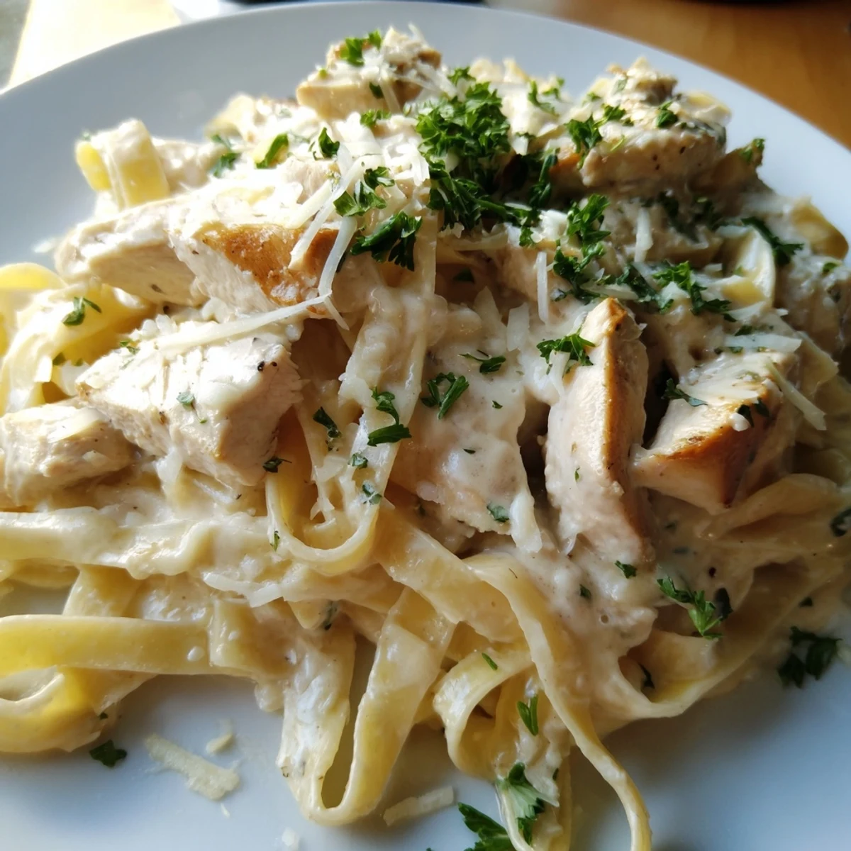 Creamy garlic Parmesan chicken pasta with sliced chicken breast, al dente noodles, and fresh parsley garnish
