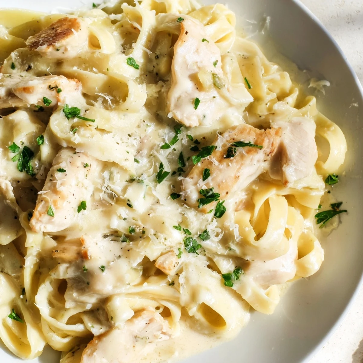 Golden chicken pieces tossed in rich white cheese sauce with fettuccine pasta on a white serving plate