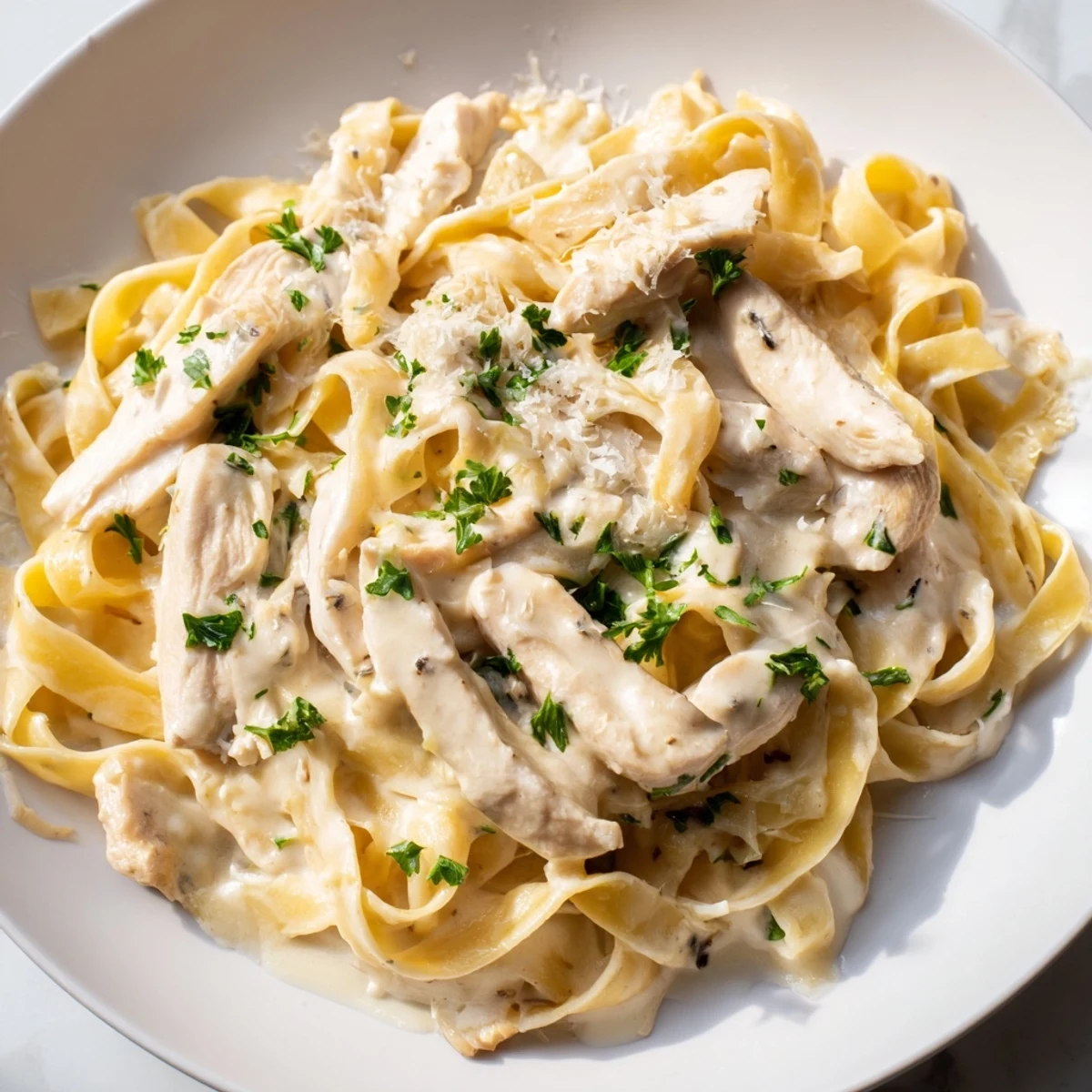 Homemade garlic Parmesan chicken pasta dish featuring tender meat, silky Alfredo-style sauce, and green parsley sprinkles