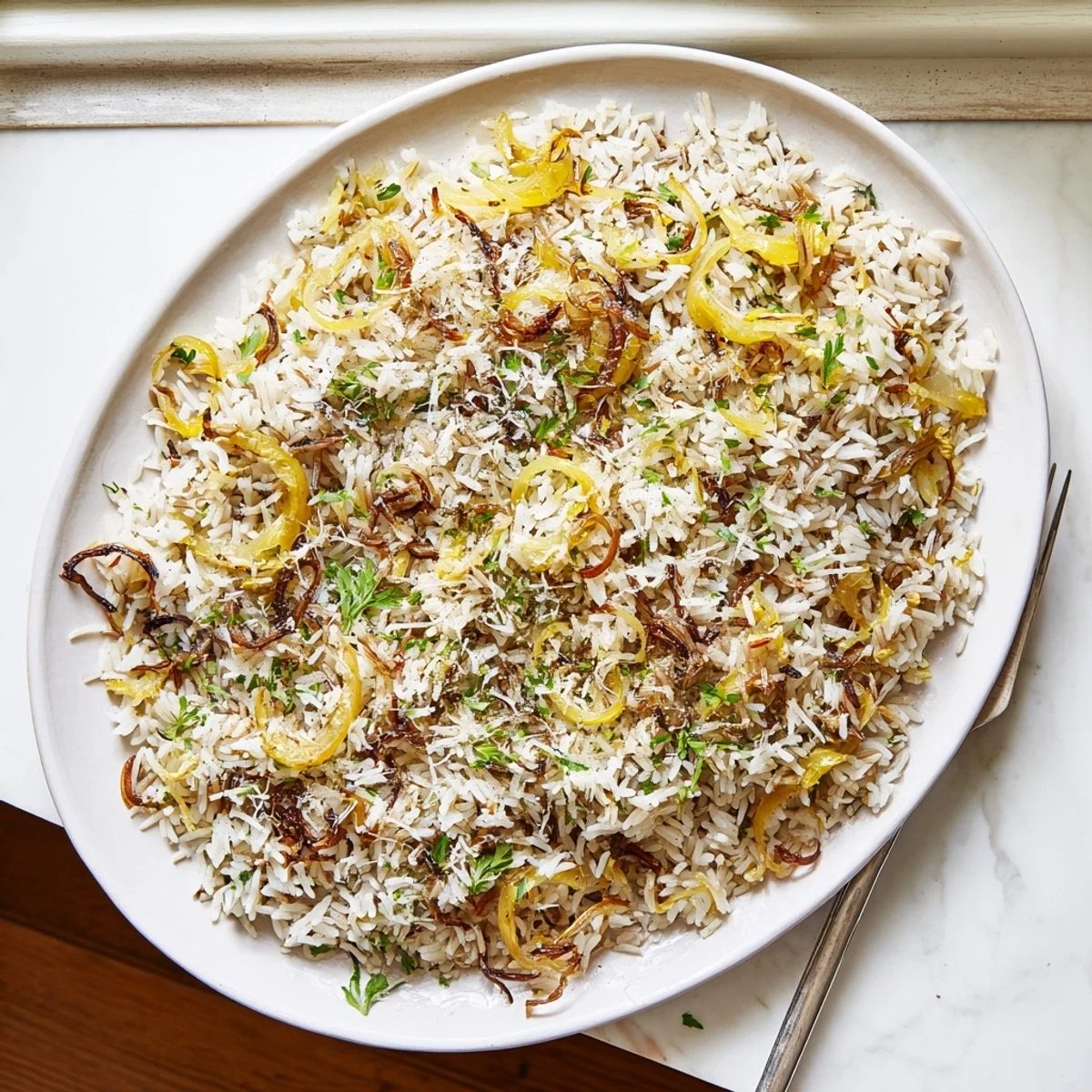 Golden caramelized onions mingle with fluffy French onion butter rice topped with fresh parsley