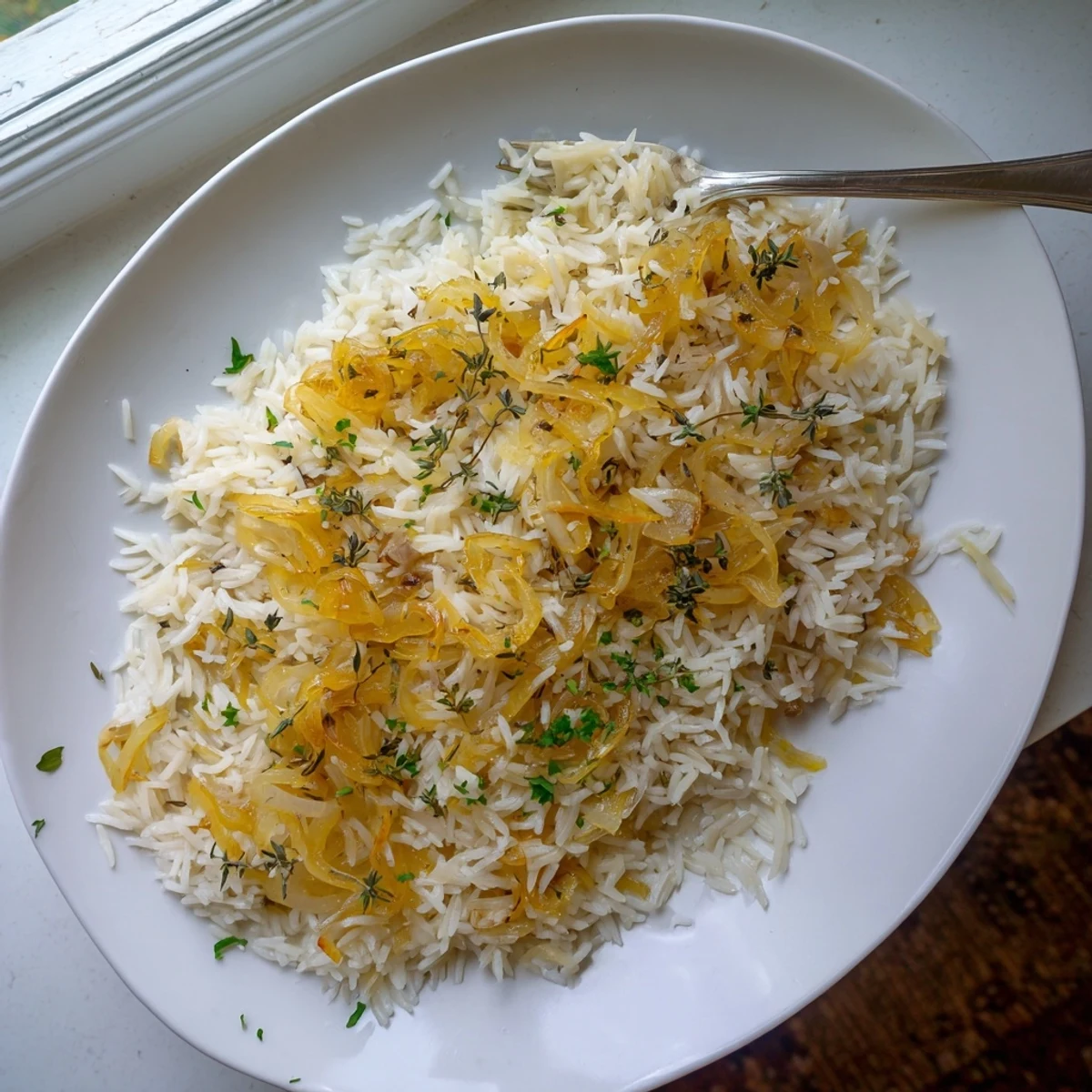 Savory French onion butter rice garnished with chopped parsley and a bay leaf on top