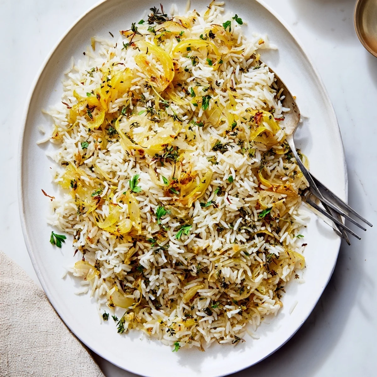 Creamy French onion butter rice served in a white bowl with grated Gruyère cheese