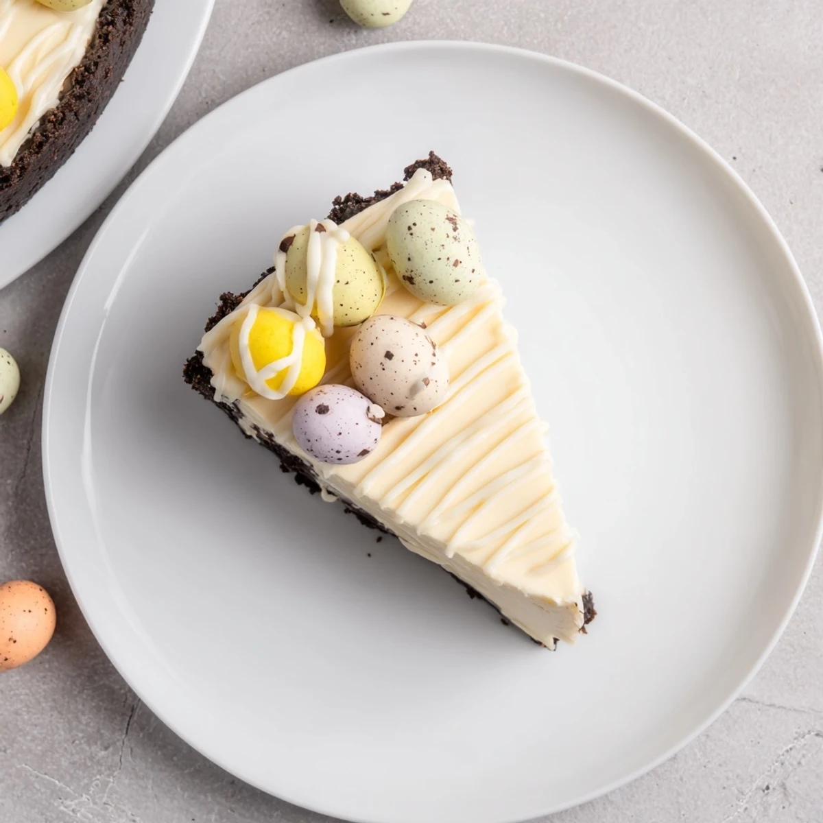 Creamy Easter Egg Cheesecake with colorful chocolate eggs atop a rich cookie crust