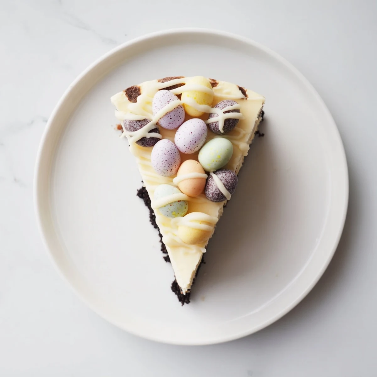 Velvety Easter Egg Cheesecake drizzled with white chocolate and topped with festive pastel eggs