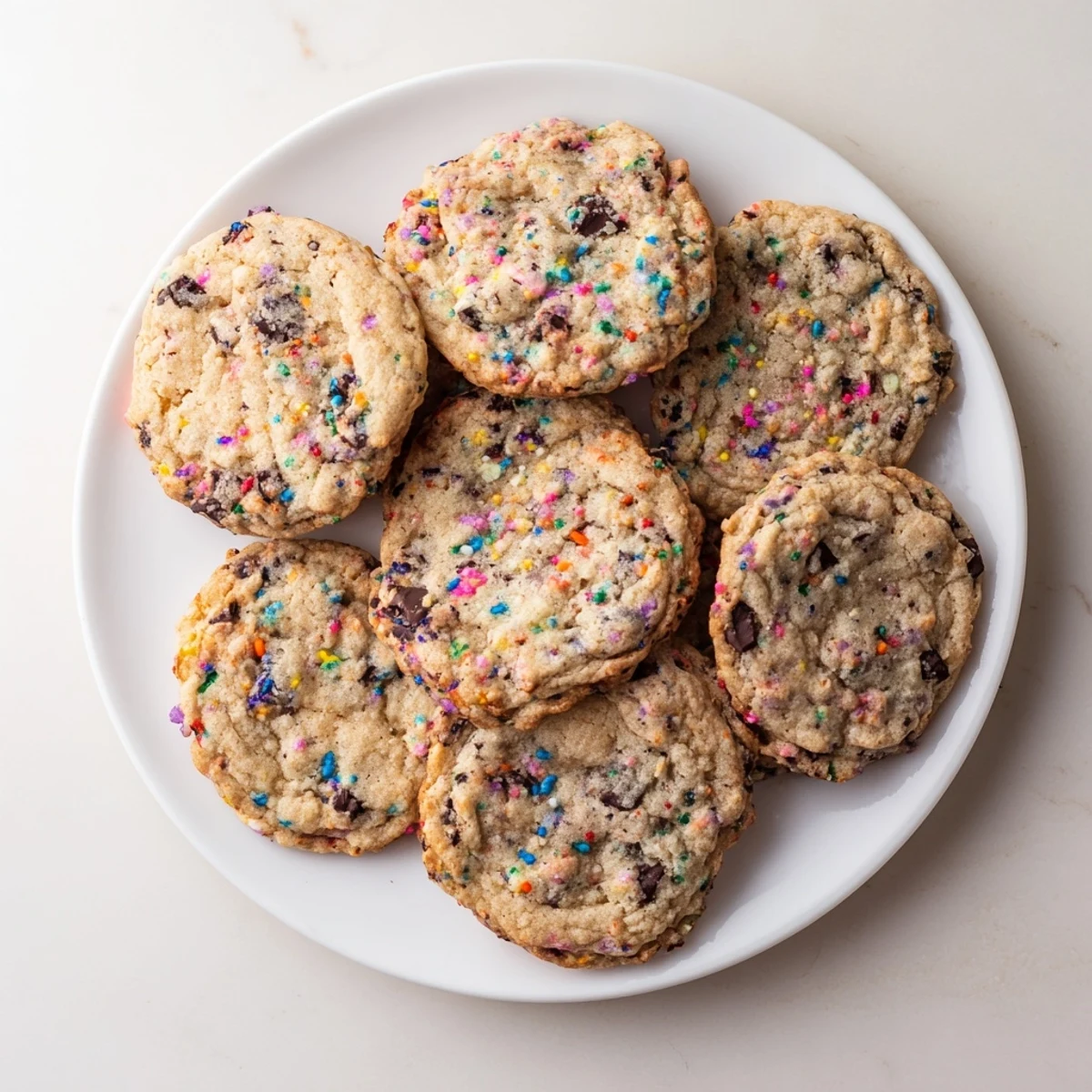 Golden chocolate chip sprinkle cookies stacked on a white platter with rainbow speckles