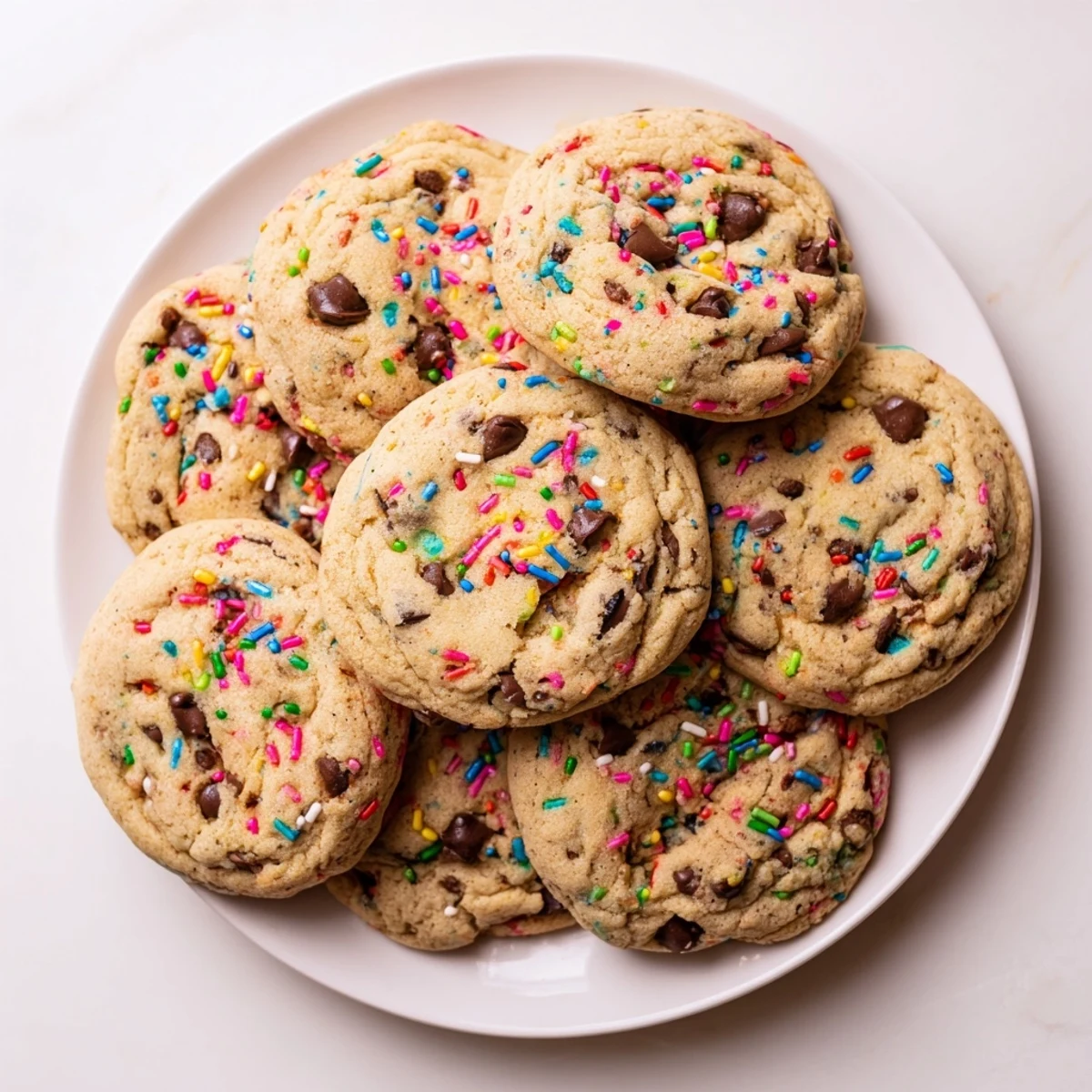 Soft baked chocolate chip sprinkle cookies drizzled with melting chocolate and colorful bits