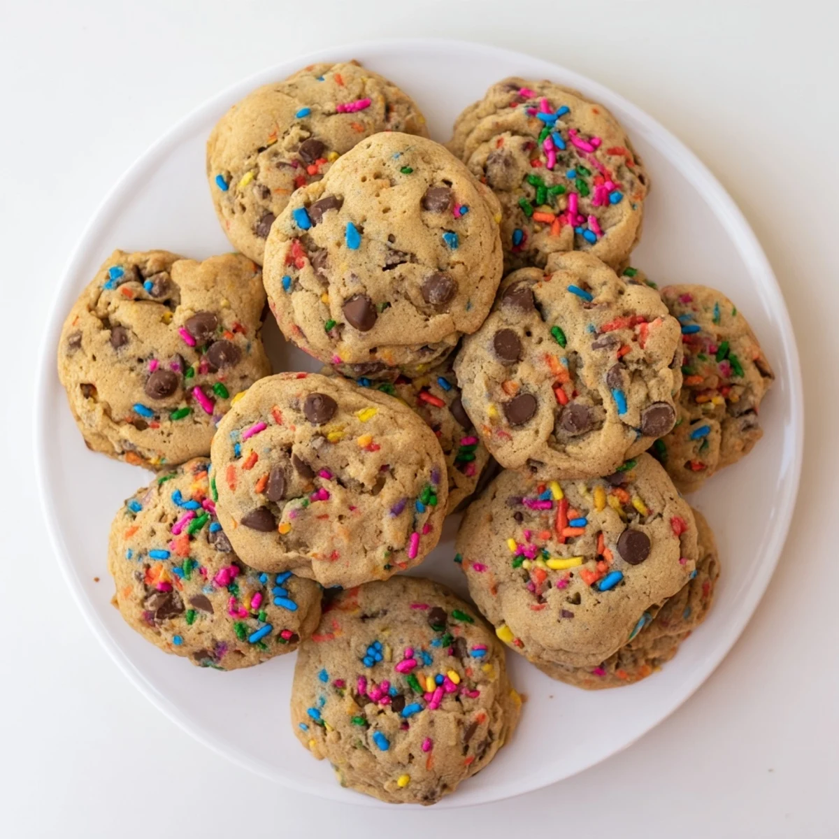Batch of homemade chocolate chip sprinkle cookies fresh from oven with gooey centers