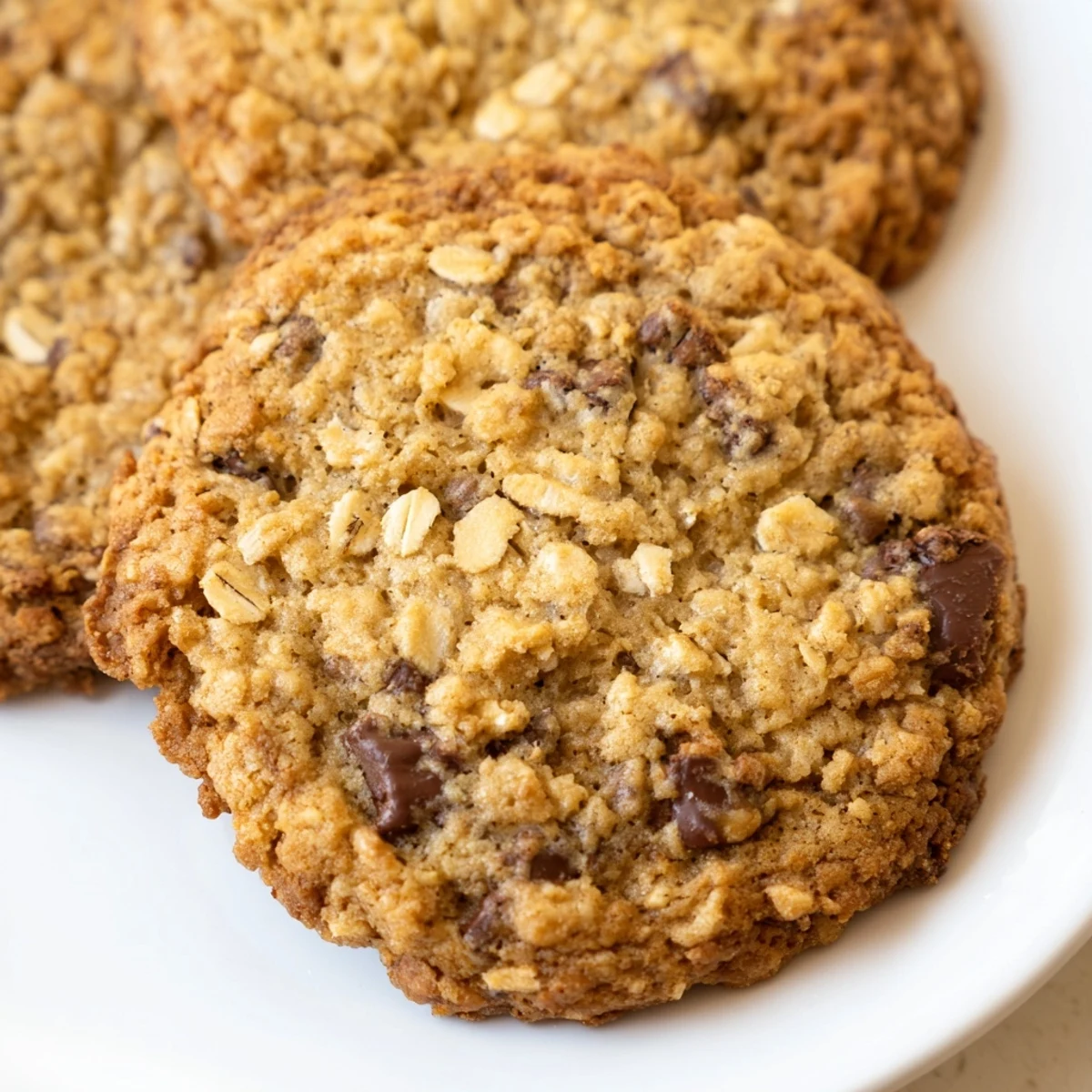 Golden oatmeal chocolate chip cookies fresh from the oven with melted chocolate chunks