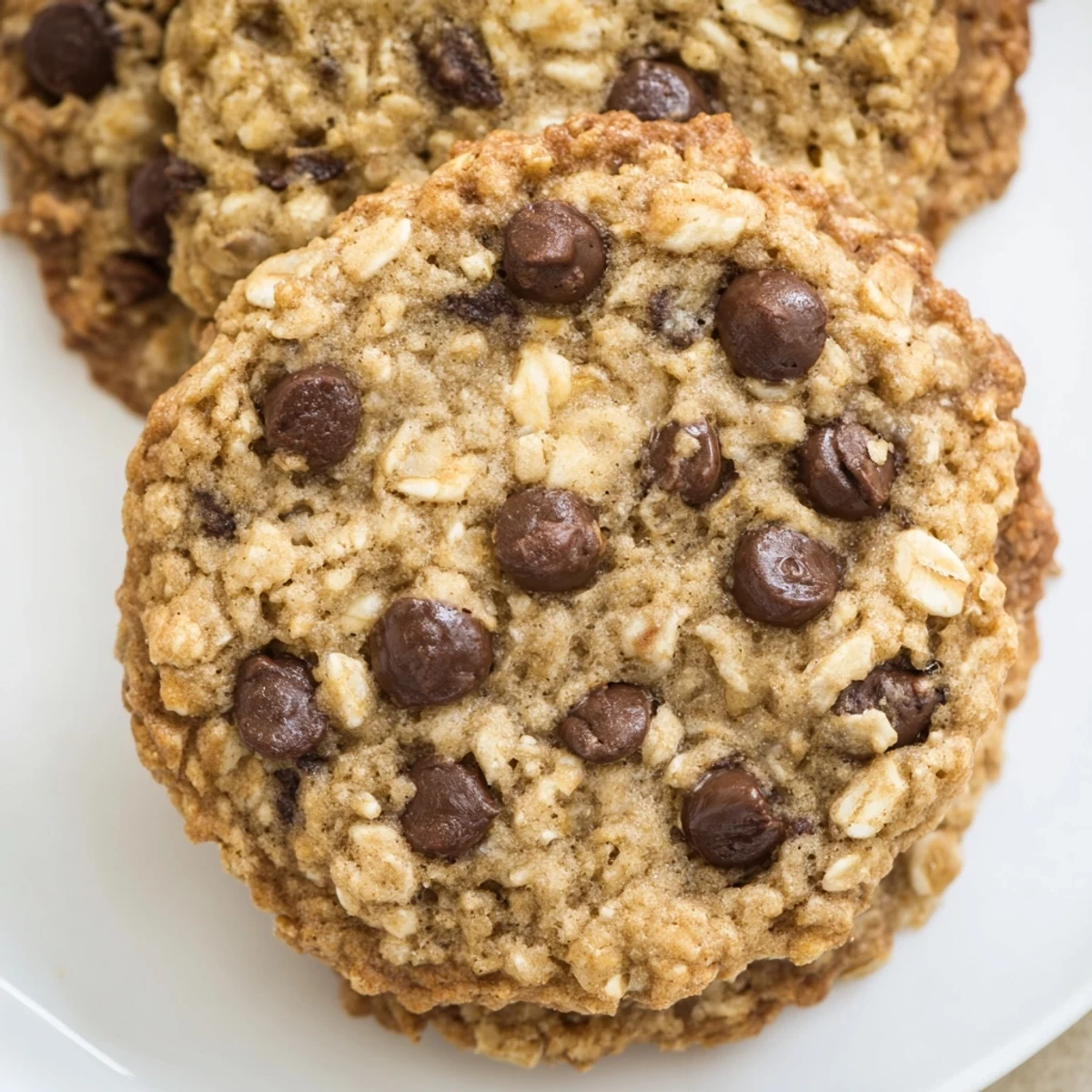 Chewy homemade oatmeal chocolate chip cookies stacked on a wooden cooling rack