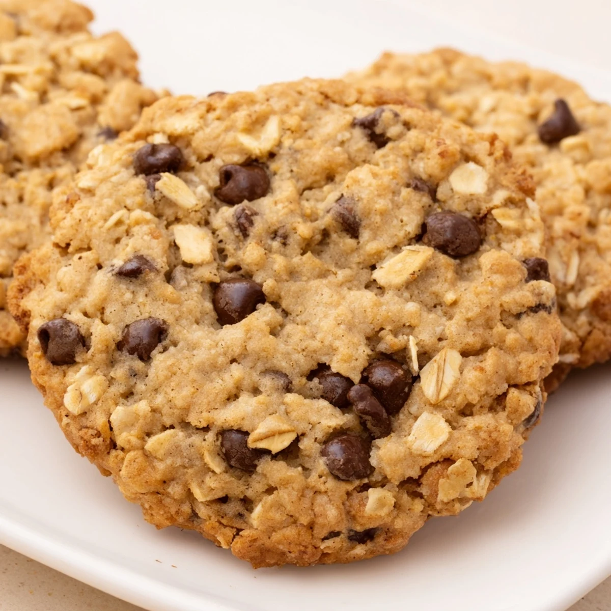 Warm oatmeal chocolate chip cookies with crispy edges and soft gooey centers