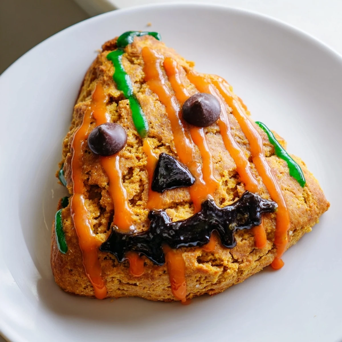 Golden-brown Monster Face Pumpkin Scones topped with colorful glaze and candy eyes for Halloween