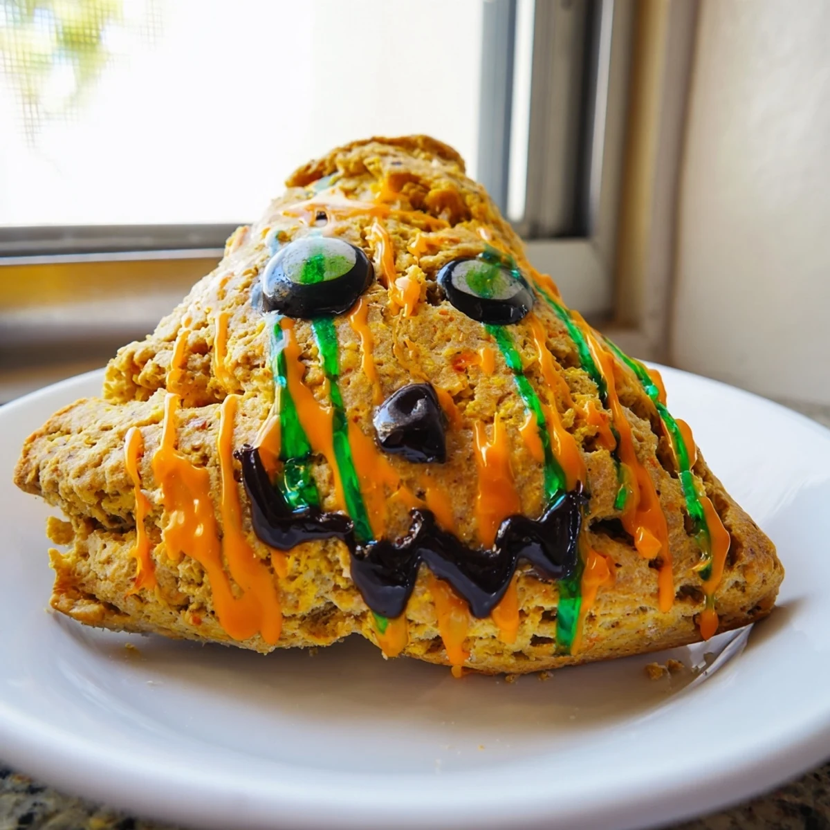 Flaky Halloween pumpkin scones with whimsical monster faces and vibrant colored sugar decorations