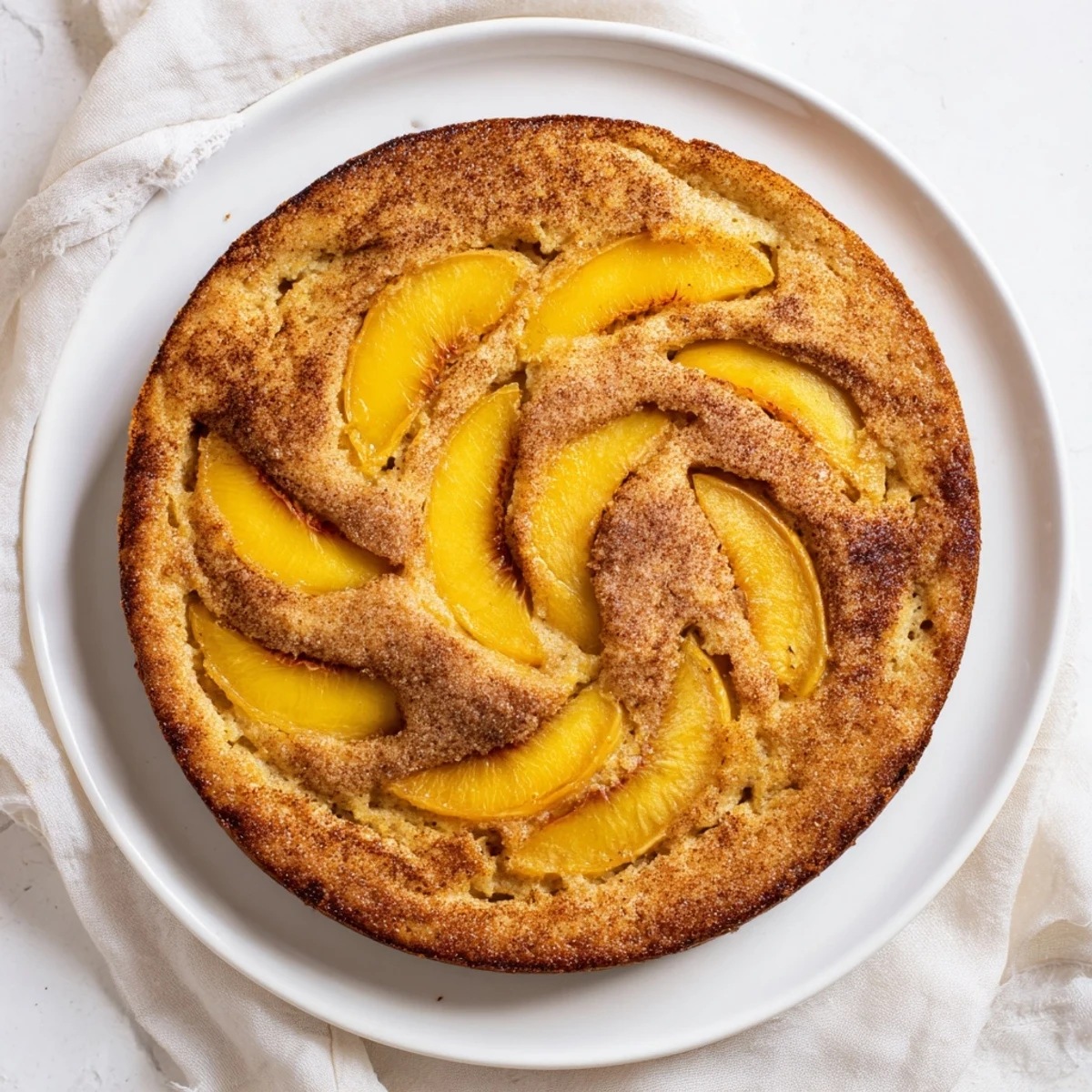 Golden summer peach cake topped with cinnamon-dusted peach slices on a serving plate