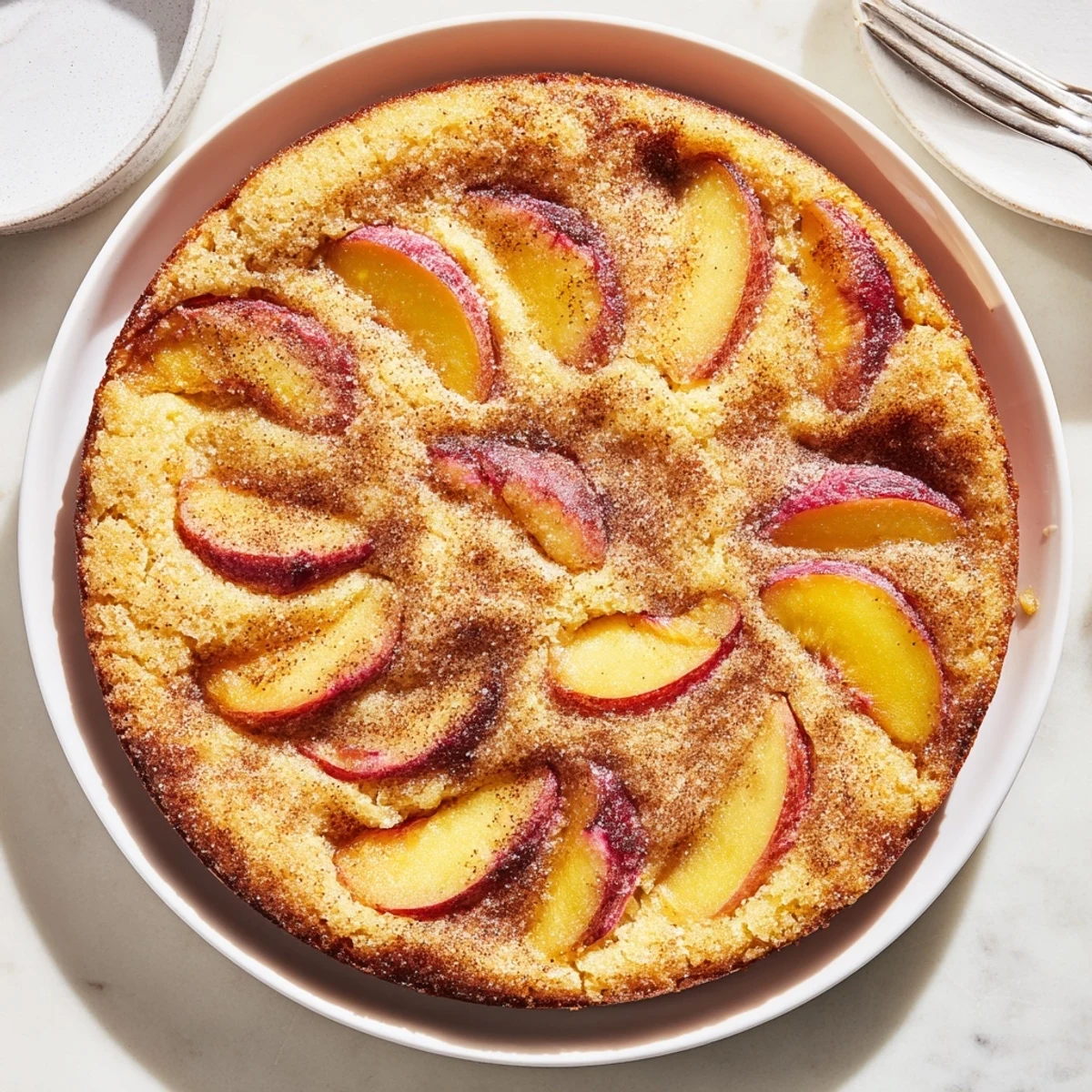 Moist peach cake with fresh ripe peaches arranged in a circular pattern on top