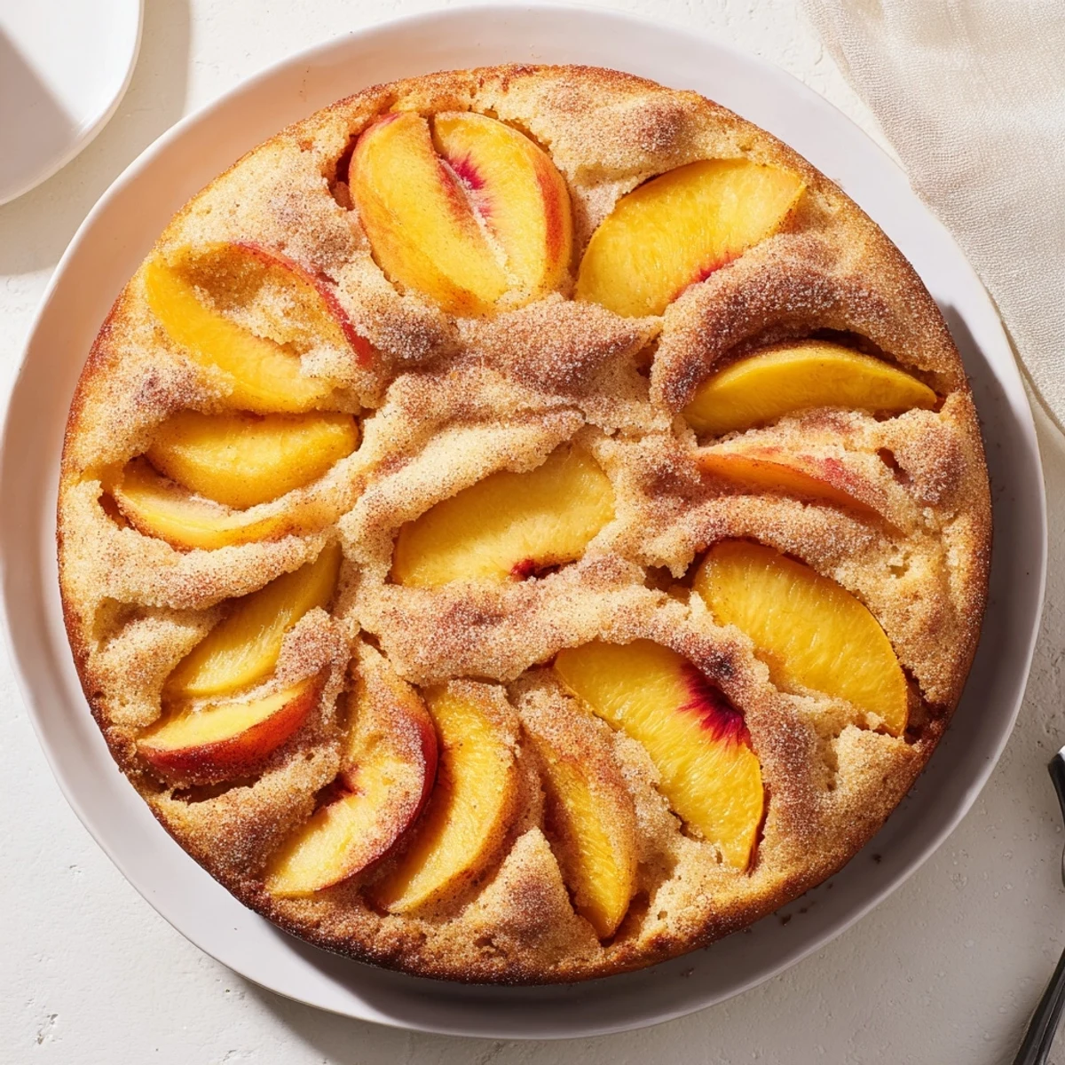 Slice of tender summer peach cake showing juicy fruit pockets inside the crumb