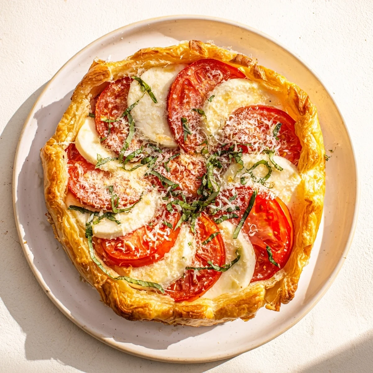 Golden savory tomato basil tart featuring layered mozzarella and ripe tomato slices on flaky puff pastry