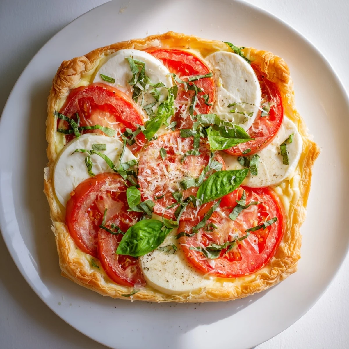 French-style savory tomato basil tart garnished with fresh basil and grated Parmesan on golden crust
