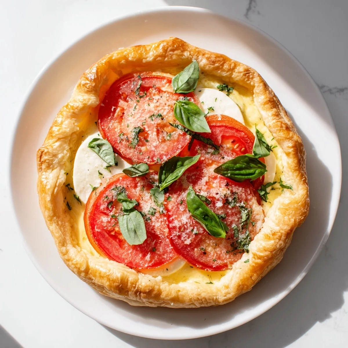 Savory tomato basil tart with creamy egg filling and melted mozzarella baked until golden brown