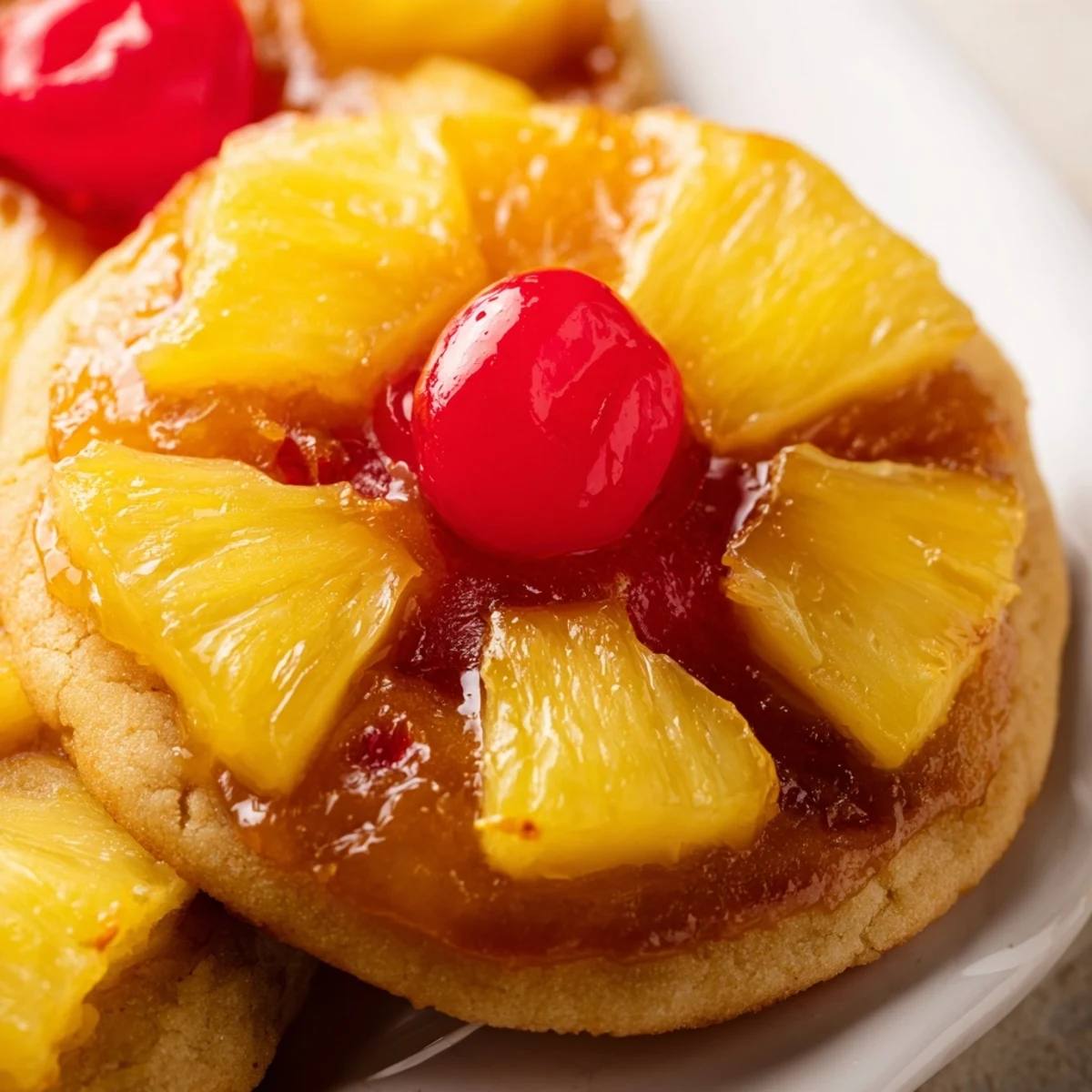 Soft pineapple upside down sugar cookies with caramelized pineapple and bright red cherries on top