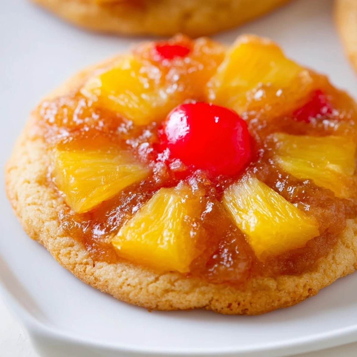 Freshly baked pineapple upside down sugar cookies arranged on a wire rack with fruit toppings visible