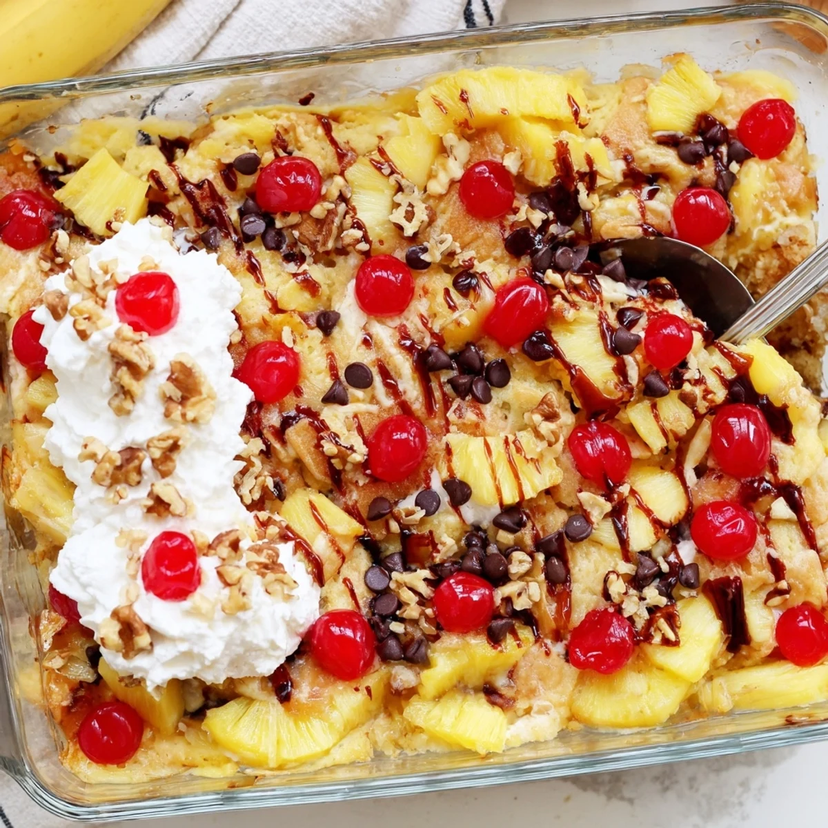 Golden banana split dump cake with bubbling fruit and melted chocolate chips