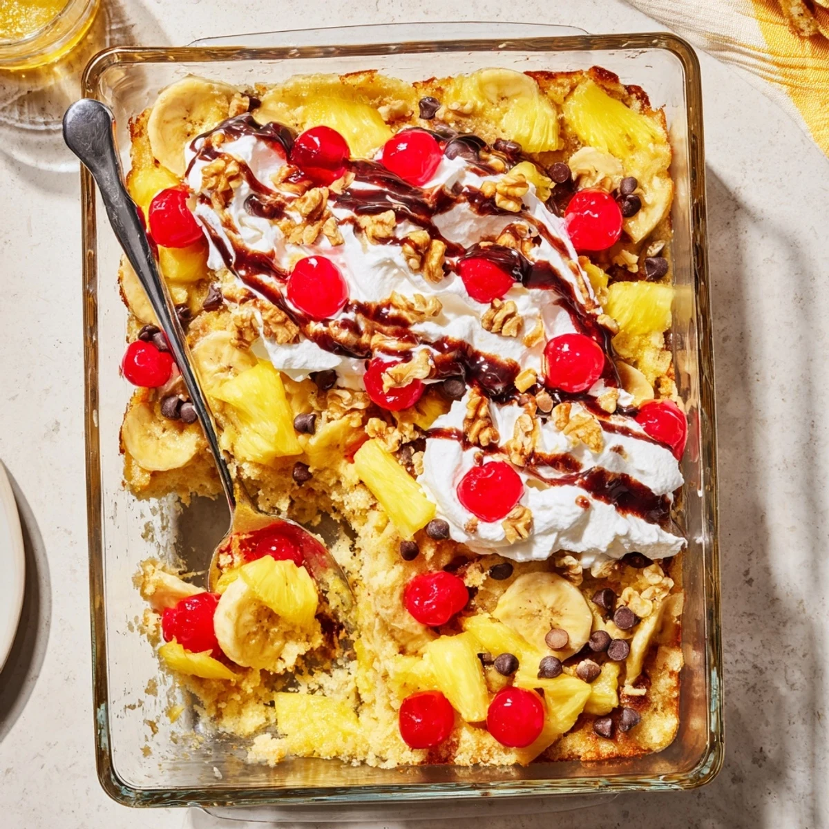 Warm baked banana split dump cake topped with whipped cream and maraschino cherries