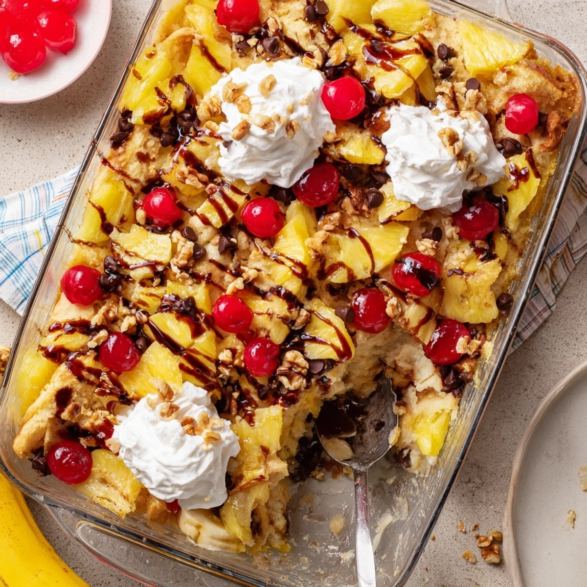 Bubbling 9x13 inch banana split dump cake with pineapple and buttery yellow cake mix