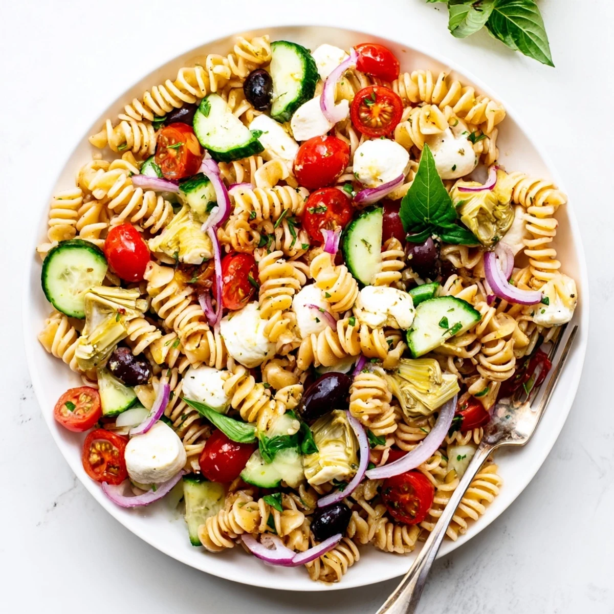 Colorful Italian vegetarian pasta salad loaded with fresh cherry tomatoes, cucumbers, and mozzarella in a white serving bowl