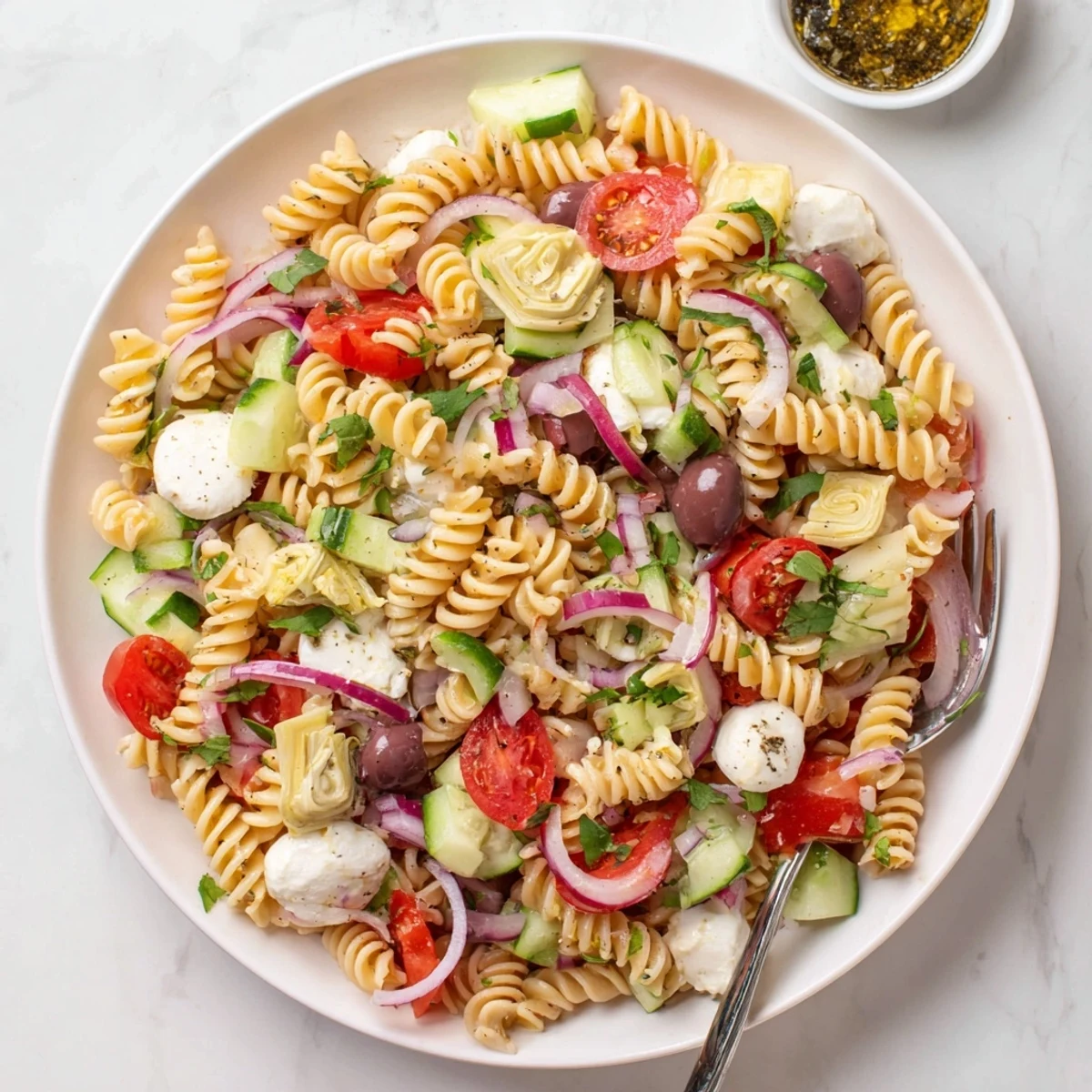 Close-up of Italian vegetarian pasta salad featuring vibrant vegetables and fresh basil leaves, drizzled with olive oil dressing