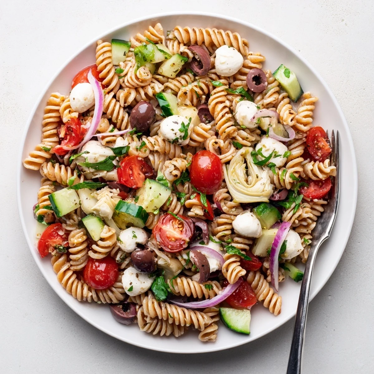 Mediterranean pasta salad with fusilli, bell peppers, olives, and artichokes tossed in zesty Italian dressing on rustic wooden table